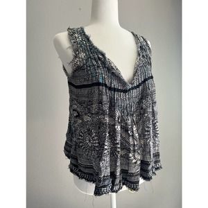 Free People Myna tank tie back frayed hem top Open Lace Back Boho Printed Sz S
